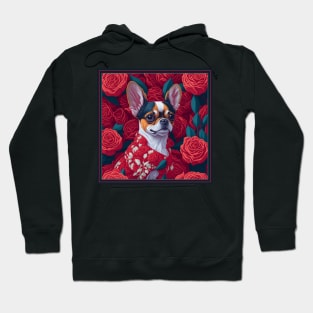 Dogs, Chihuahua and flowers, dog, seamless print, style vector (red version Chihuahua) Hoodie
